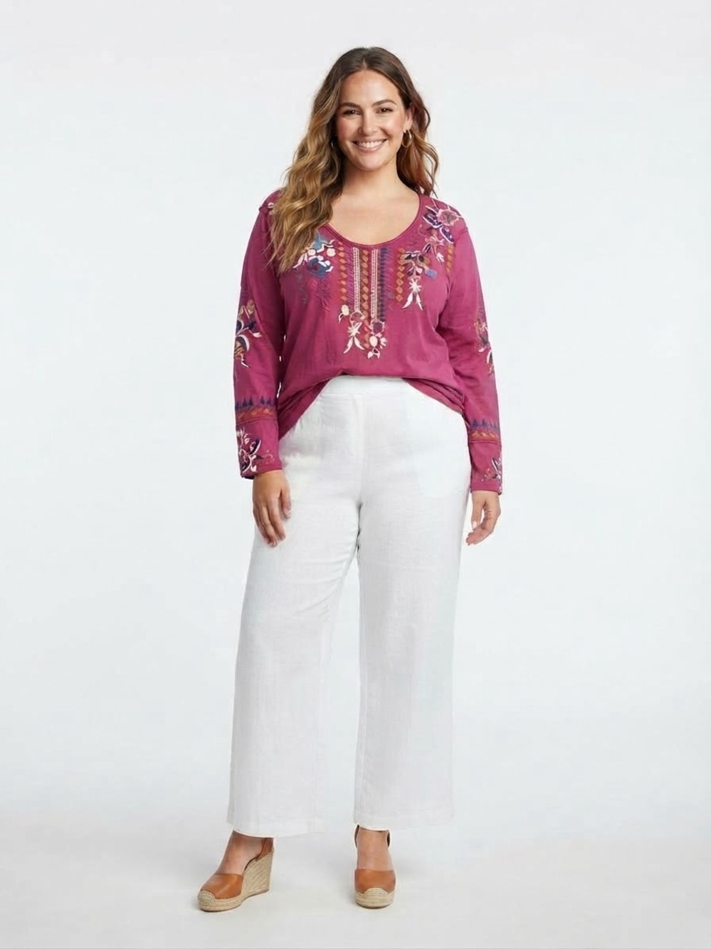 Johnny Was Magenta Embroidered Long Sleeve Boho Top – Size 1X